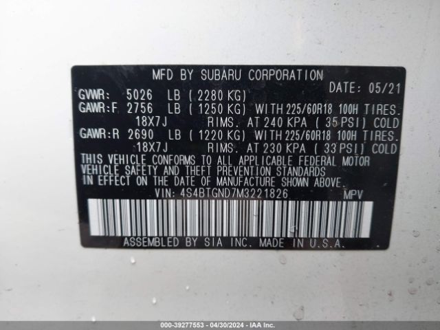 Photo 8 VIN: 4S4BTGND7M3221826 - SUBARU OUTBACK 