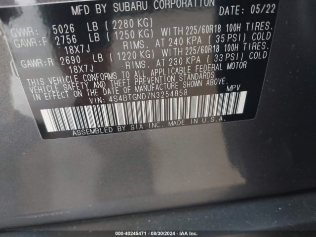 Photo 8 VIN: 4S4BTGND7N3254858 - SUBARU OUTBACK 