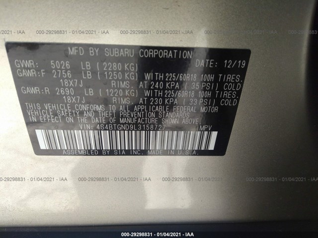 Photo 8 VIN: 4S4BTGND9L3158727 - SUBARU OUTBACK 