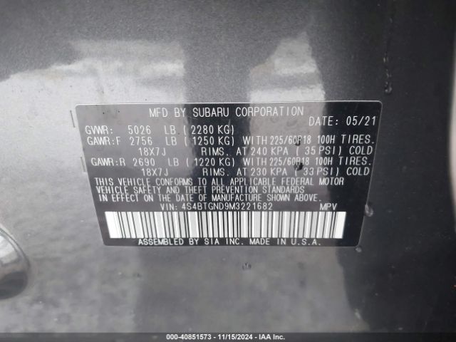 Photo 8 VIN: 4S4BTGND9M3221682 - SUBARU OUTBACK 