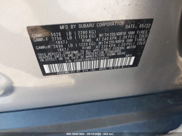 Photo 8 VIN: 4S4BTGND9N3250844 - SUBARU OUTBACK 