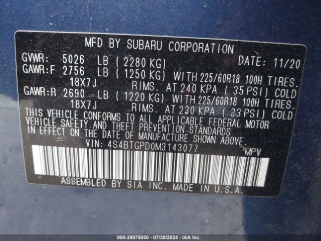 Photo 8 VIN: 4S4BTGPD0M3143077 - SUBARU OUTBACK 