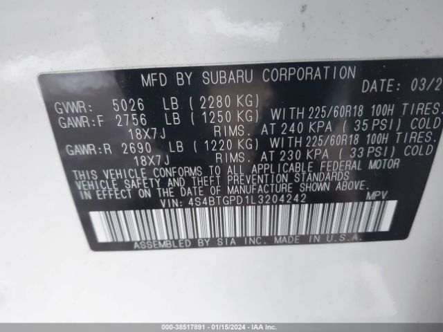 Photo 8 VIN: 4S4BTGPD1L3204242 - SUBARU OUTBACK 