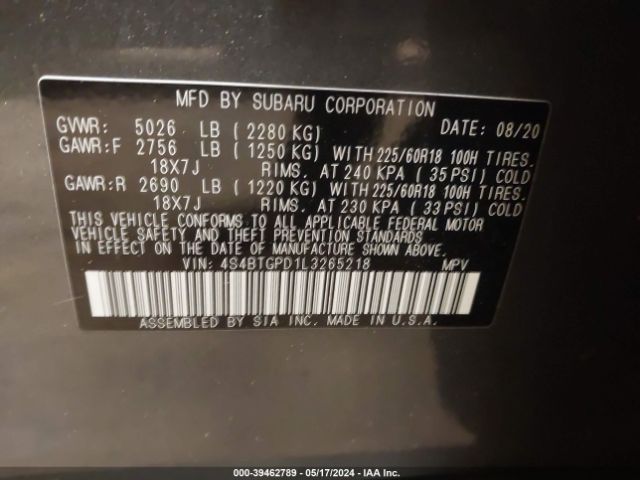 Photo 8 VIN: 4S4BTGPD1L3265218 - SUBARU OUTBACK 