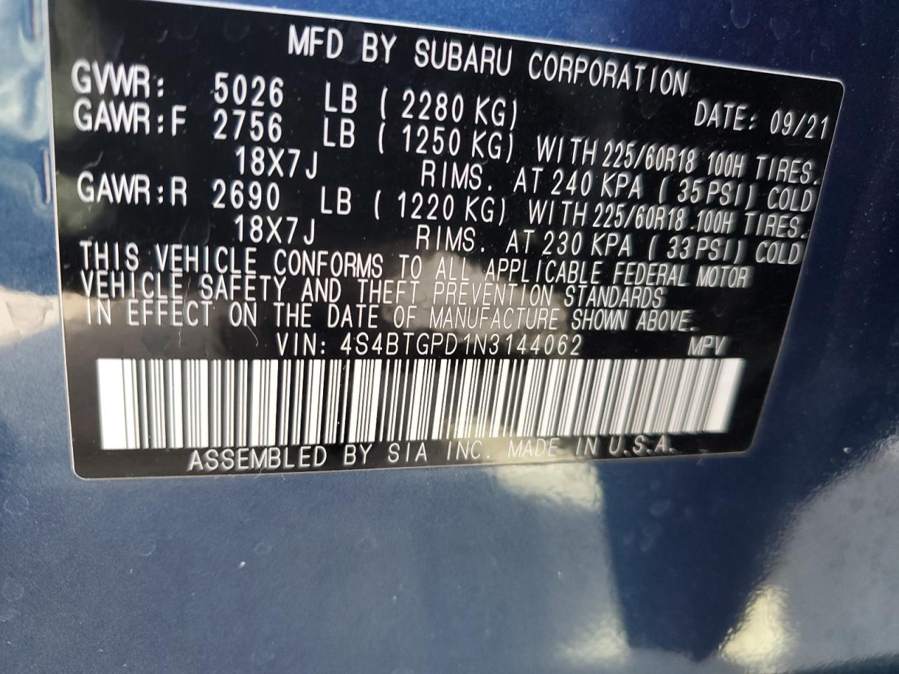 Photo 12 VIN: 4S4BTGPD1N3144062 - SUBARU OUTBACK 