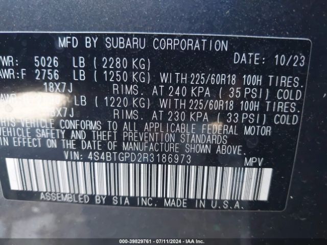 Photo 8 VIN: 4S4BTGPD2R3186973 - SUBARU OUTBACK 