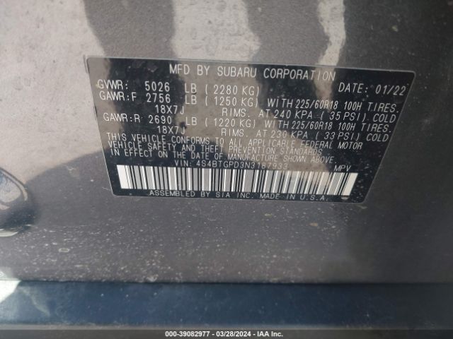 Photo 8 VIN: 4S4BTGPD3N3187933 - SUBARU OUTBACK 