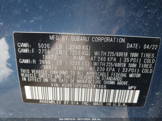 Photo 8 VIN: 4S4BTGPD4N3241868 - SUBARU OUTBACK 