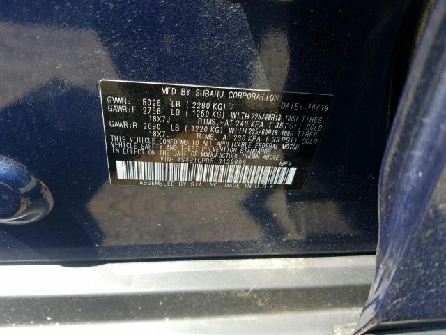 Photo 9 VIN: 4S4BTGPD5L3129609 - SUBARU OUTBACK TO 