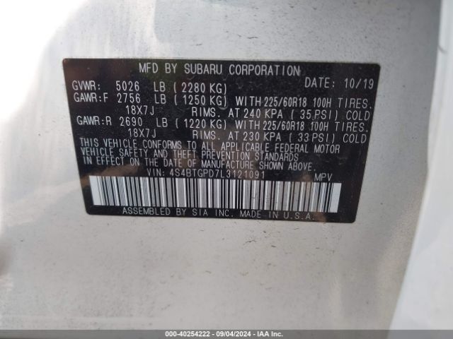 Photo 8 VIN: 4S4BTGPD7L3121091 - SUBARU OUTBACK 