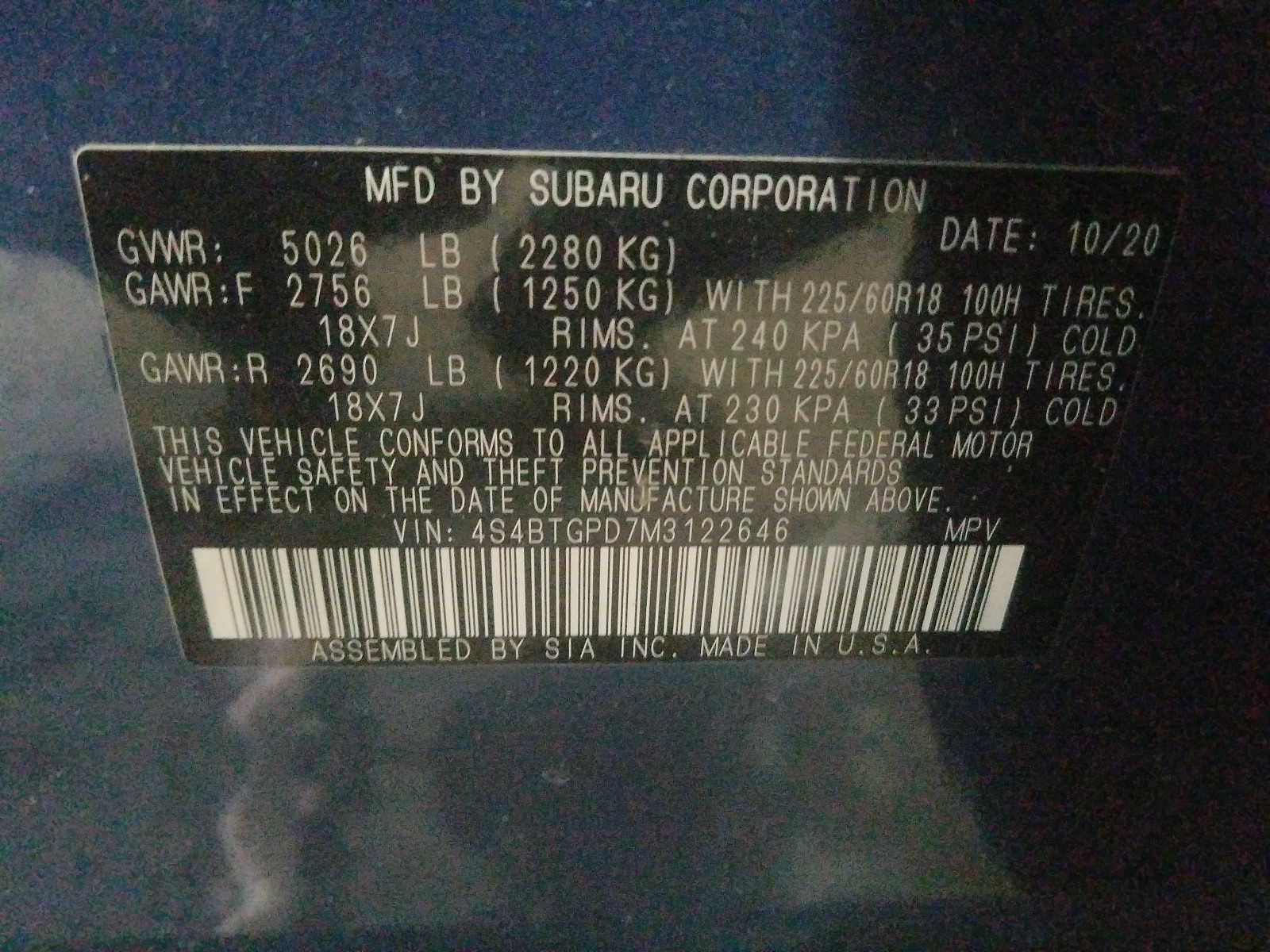 Photo 9 VIN: 4S4BTGPD7M3122646 - SUBARU OUTBACK 