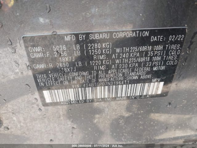 Photo 8 VIN: 4S4BTGPD7N3196411 - SUBARU OUTBACK 