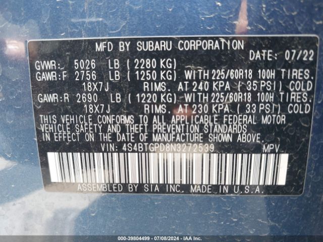 Photo 8 VIN: 4S4BTGPD8N3272539 - SUBARU OUTBACK 