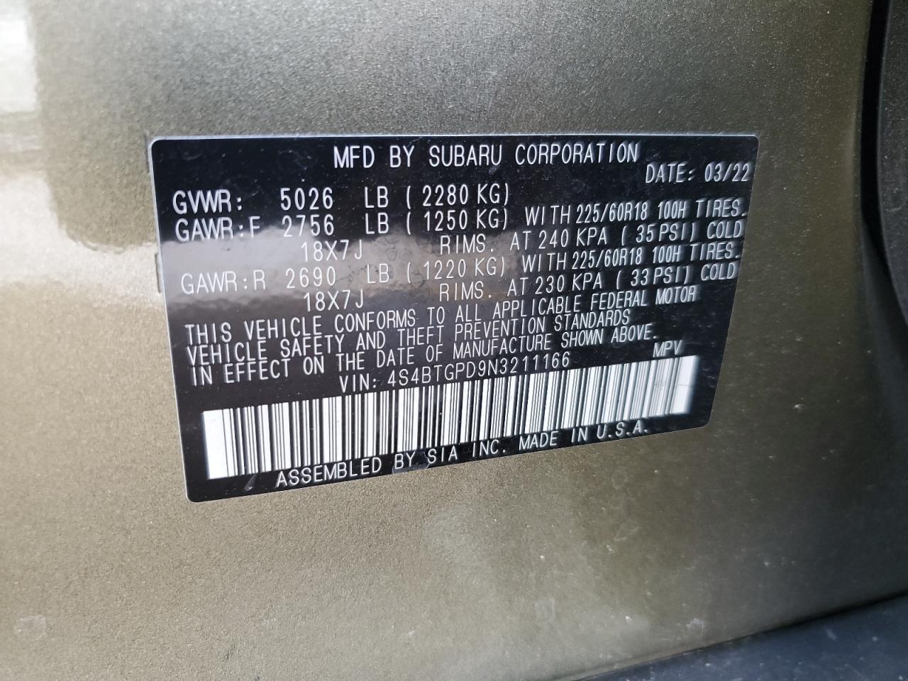 Photo 12 VIN: 4S4BTGPD9N3211166 - SUBARU OUTBACK 