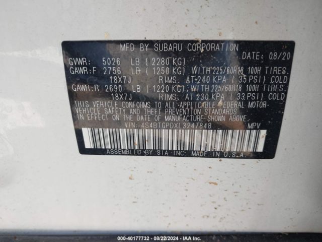 Photo 8 VIN: 4S4BTGPDXL3247848 - SUBARU OUTBACK 