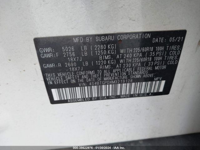 Photo 8 VIN: 4S4BTGPDXM3219128 - SUBARU OUTBACK 