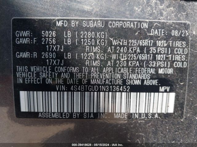 Photo 8 VIN: 4S4BTGUD1N3136452 - SUBARU OUTBACK 