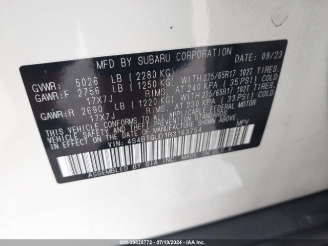 Photo 8 VIN: 4S4BTGUD1R3163754 - SUBARU OUTBACK 