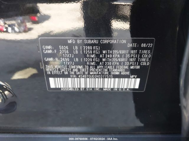 Photo 8 VIN: 4S4BTGUD2N3277515 - SUBARU OUTBACK 