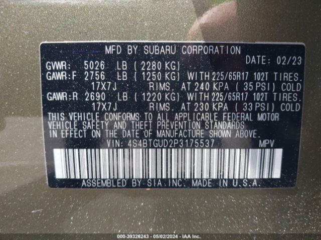 Photo 8 VIN: 4S4BTGUD2P3175537 - SUBARU OUTBACK 