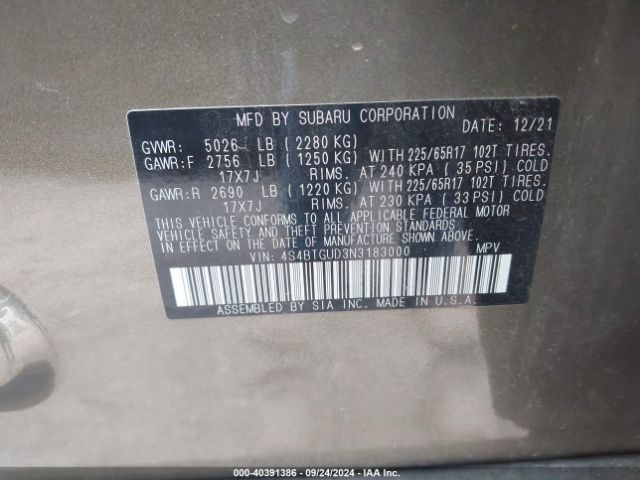 Photo 8 VIN: 4S4BTGUD3N3183000 - SUBARU OUTBACK 