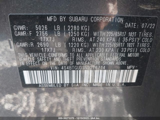 Photo 8 VIN: 4S4BTGUD3N3276714 - SUBARU OUTBACK 