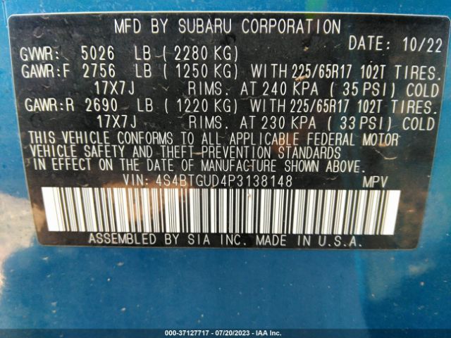 Photo 8 VIN: 4S4BTGUD4P3138148 - SUBARU OUTBACK 