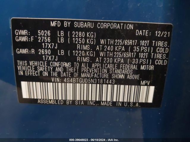 Photo 8 VIN: 4S4BTGUD5N3181443 - SUBARU OUTBACK 