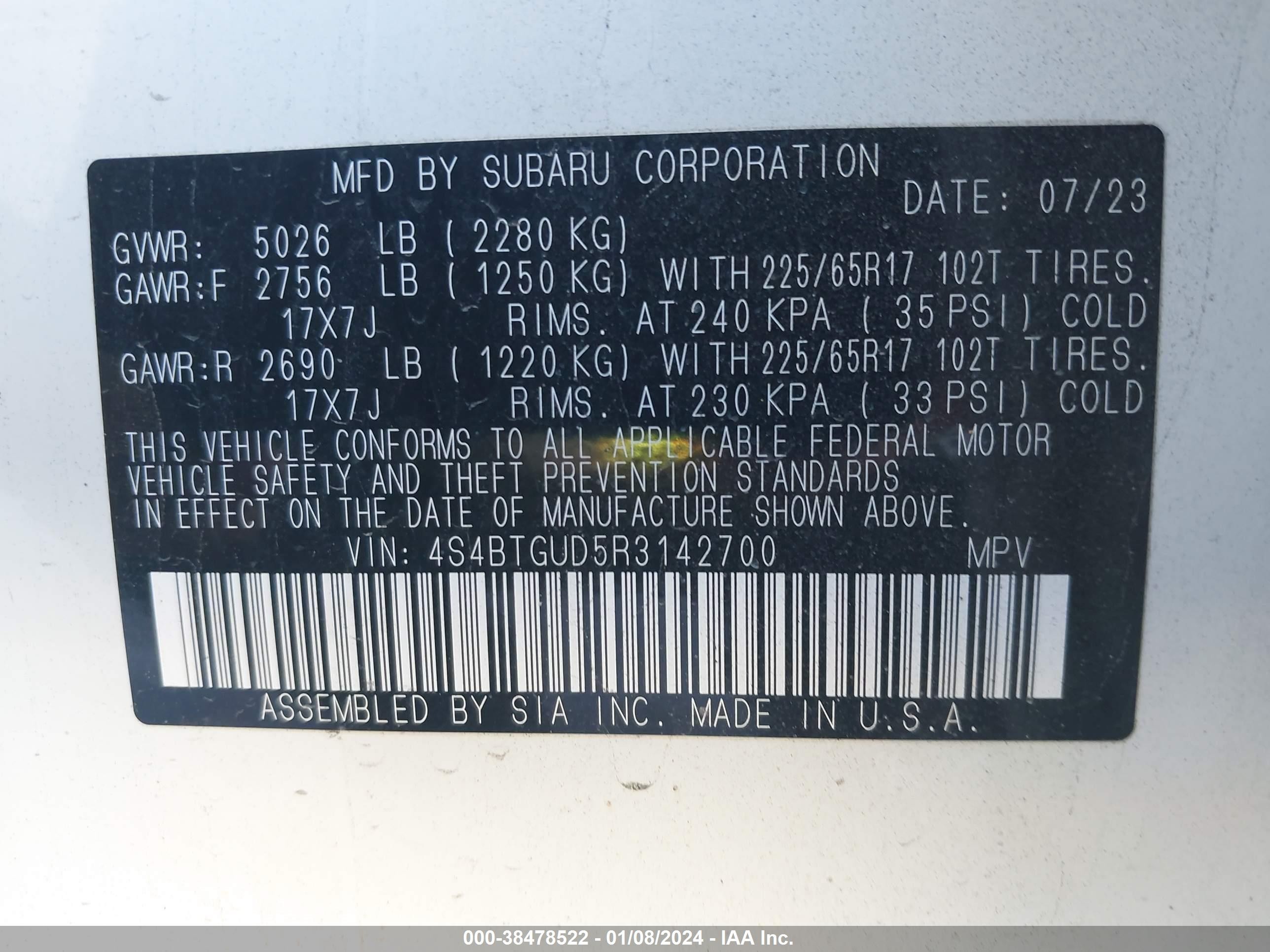 Photo 8 VIN: 4S4BTGUD5R3142700 - SUBARU OUTBACK 