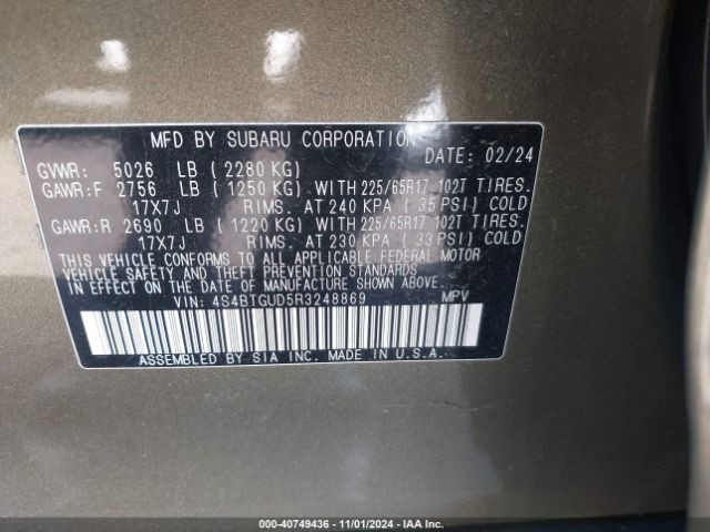 Photo 8 VIN: 4S4BTGUD5R3248869 - SUBARU OUTBACK 