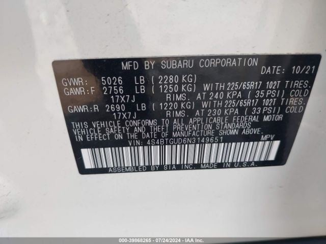 Photo 8 VIN: 4S4BTGUD6N3149651 - SUBARU OUTBACK 