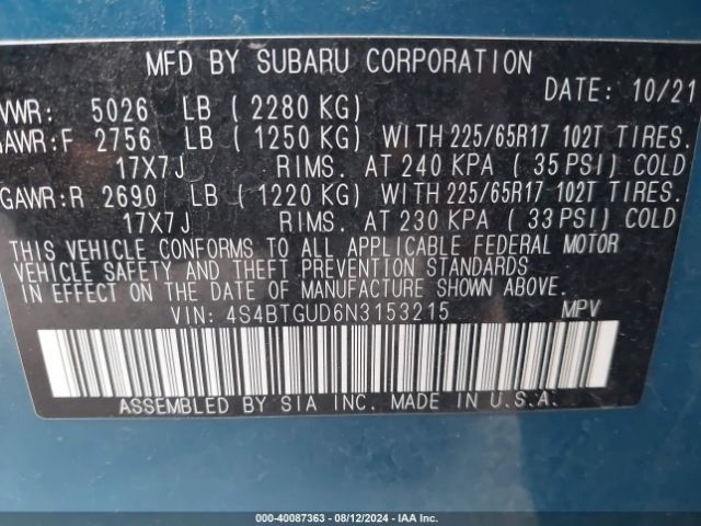 Photo 8 VIN: 4S4BTGUD6N3153215 - SUBARU OUTBACK 