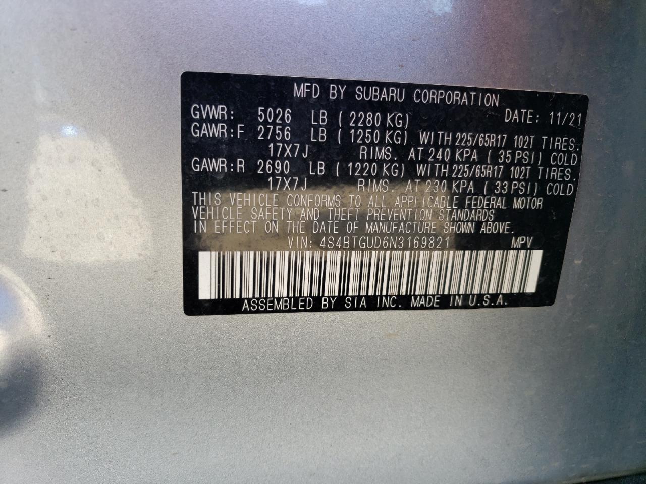 Photo 12 VIN: 4S4BTGUD6N3169821 - SUBARU ALL 