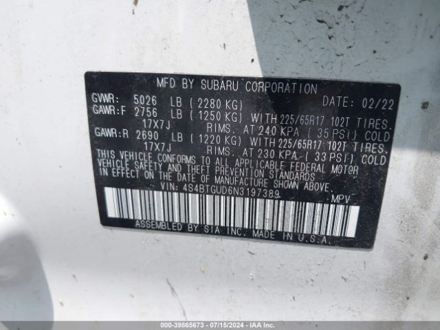 Photo 8 VIN: 4S4BTGUD6N3197389 - SUBARU OUTBACK 