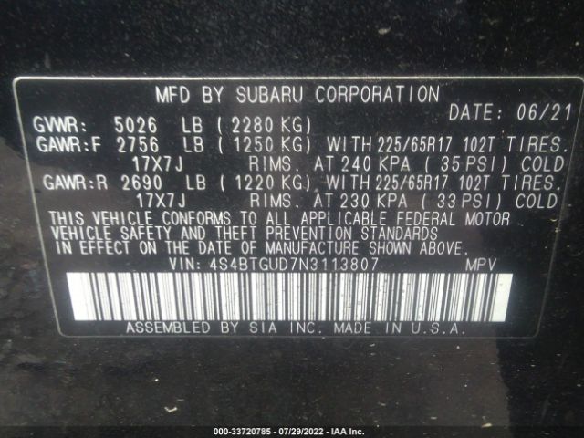 Photo 8 VIN: 4S4BTGUD7N3113807 - SUBARU OUTBACK 