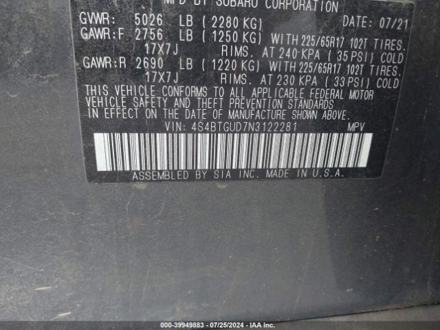 Photo 8 VIN: 4S4BTGUD7N3122281 - SUBARU OUTBACK 