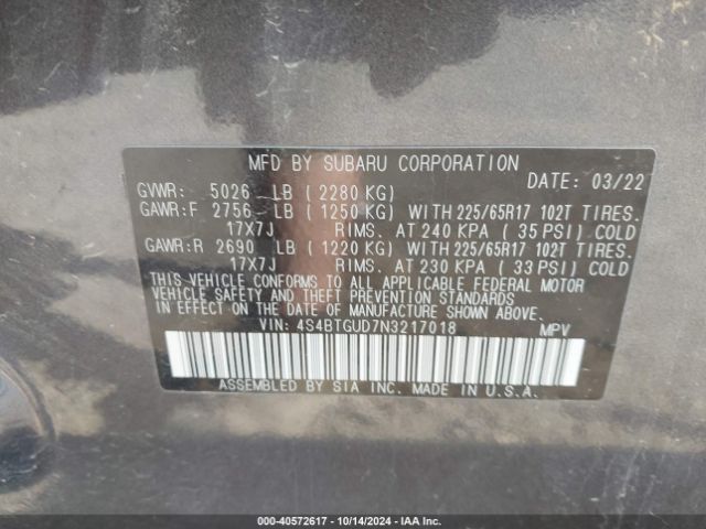 Photo 8 VIN: 4S4BTGUD7N3217018 - SUBARU OUTBACK 