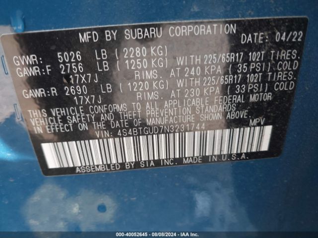 Photo 8 VIN: 4S4BTGUD7N3231744 - SUBARU OUTBACK 