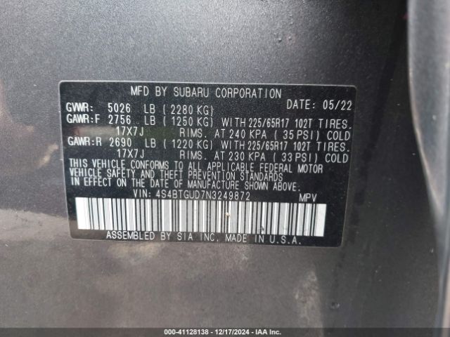 Photo 8 VIN: 4S4BTGUD7N3249872 - SUBARU OUTBACK 