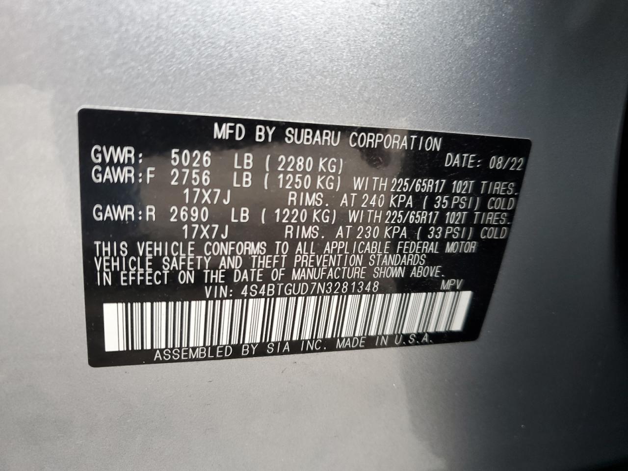 Photo 11 VIN: 4S4BTGUD7N3281348 - SUBARU OUTBACK 