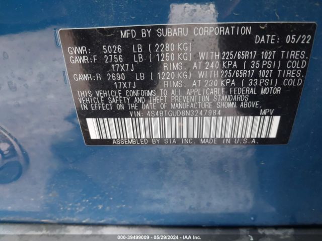 Photo 8 VIN: 4S4BTGUD8N3247984 - SUBARU OUTBACK 