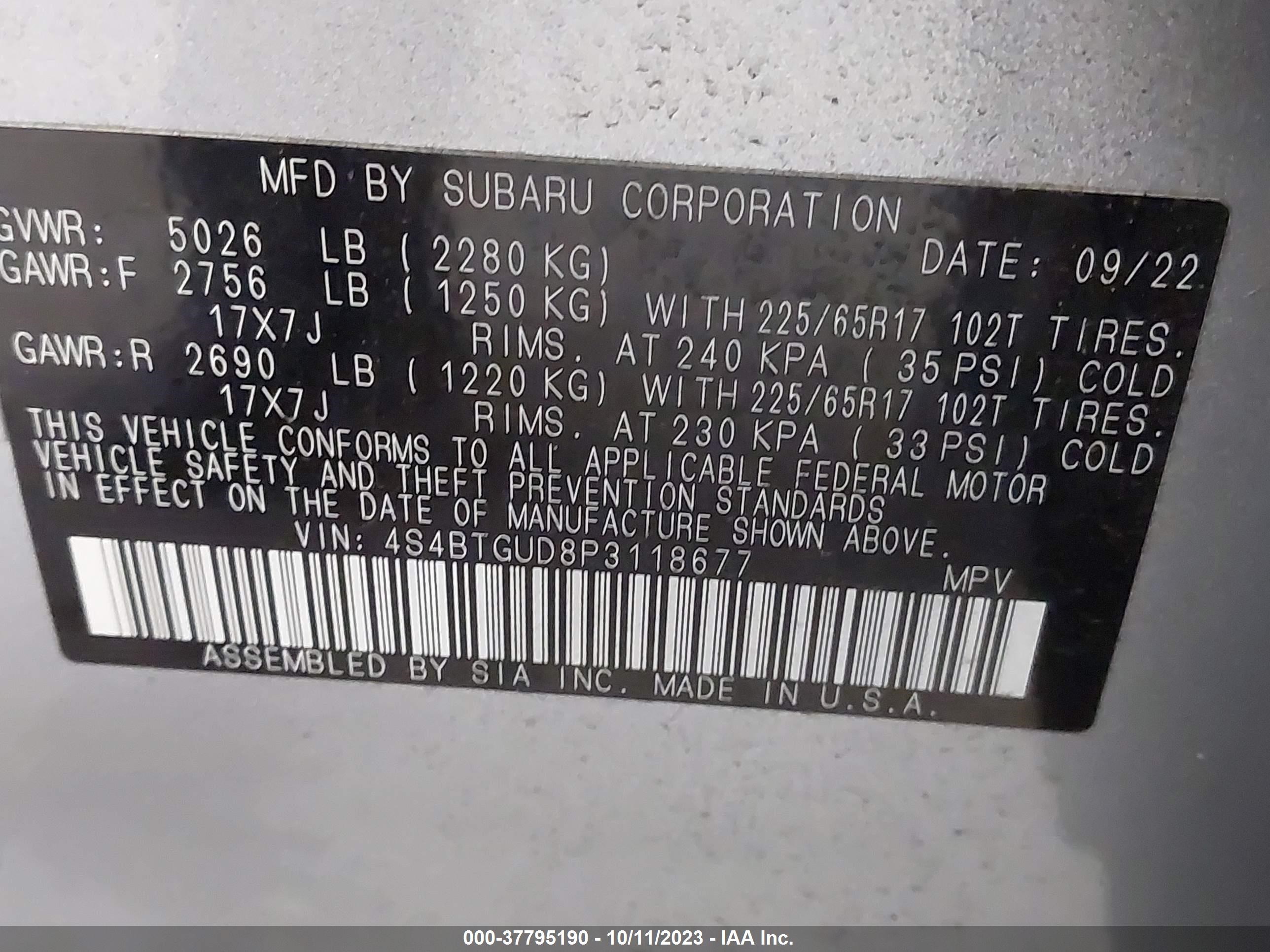 Photo 8 VIN: 4S4BTGUD8P3118677 - SUBARU OUTBACK 