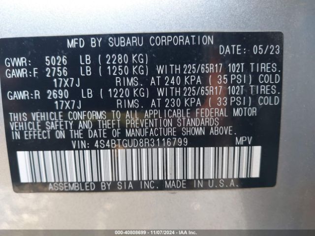 Photo 8 VIN: 4S4BTGUD8R3116799 - SUBARU OUTBACK 