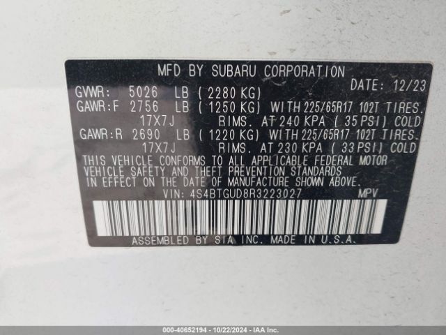 Photo 8 VIN: 4S4BTGUD8R3223027 - SUBARU OUTBACK 