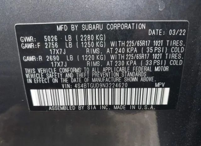 Photo 8 VIN: 4S4BTGUD9N3224620 - SUBARU OUTBACK 