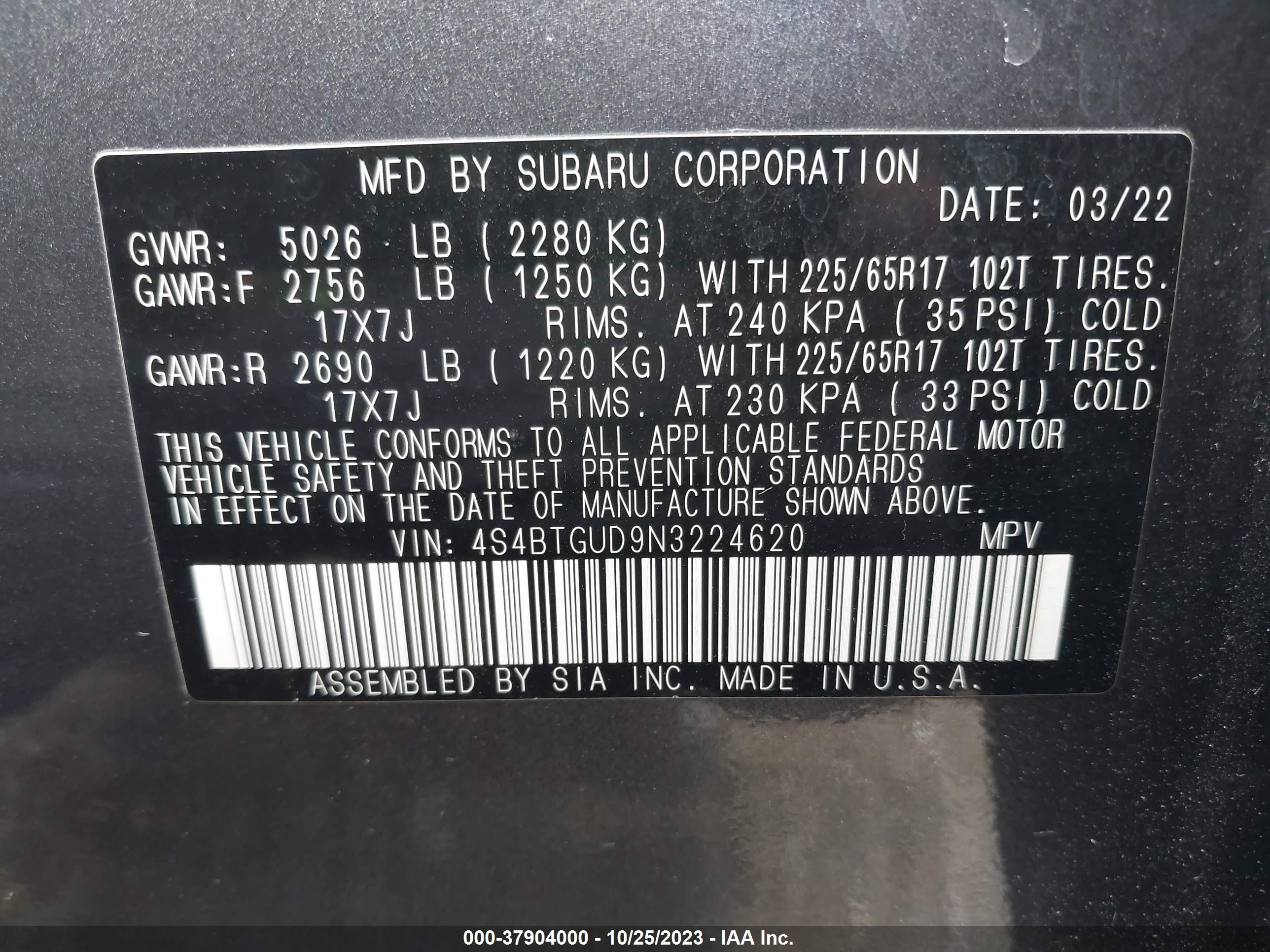 Photo 8 VIN: 4S4BTGUD9N3224620 - SUBARU OUTBACK 