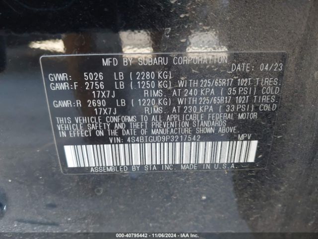 Photo 8 VIN: 4S4BTGUD9P3217542 - SUBARU OUTBACK 