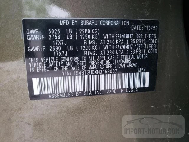 Photo 11 VIN: 4S4BTGUDXN3153007 - SUBARU OUTBACK 