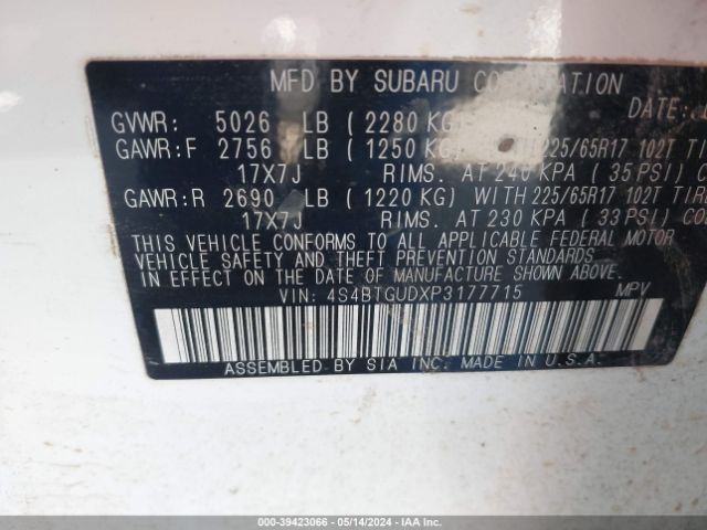 Photo 8 VIN: 4S4BTGUDXP3177715 - SUBARU OUTBACK 