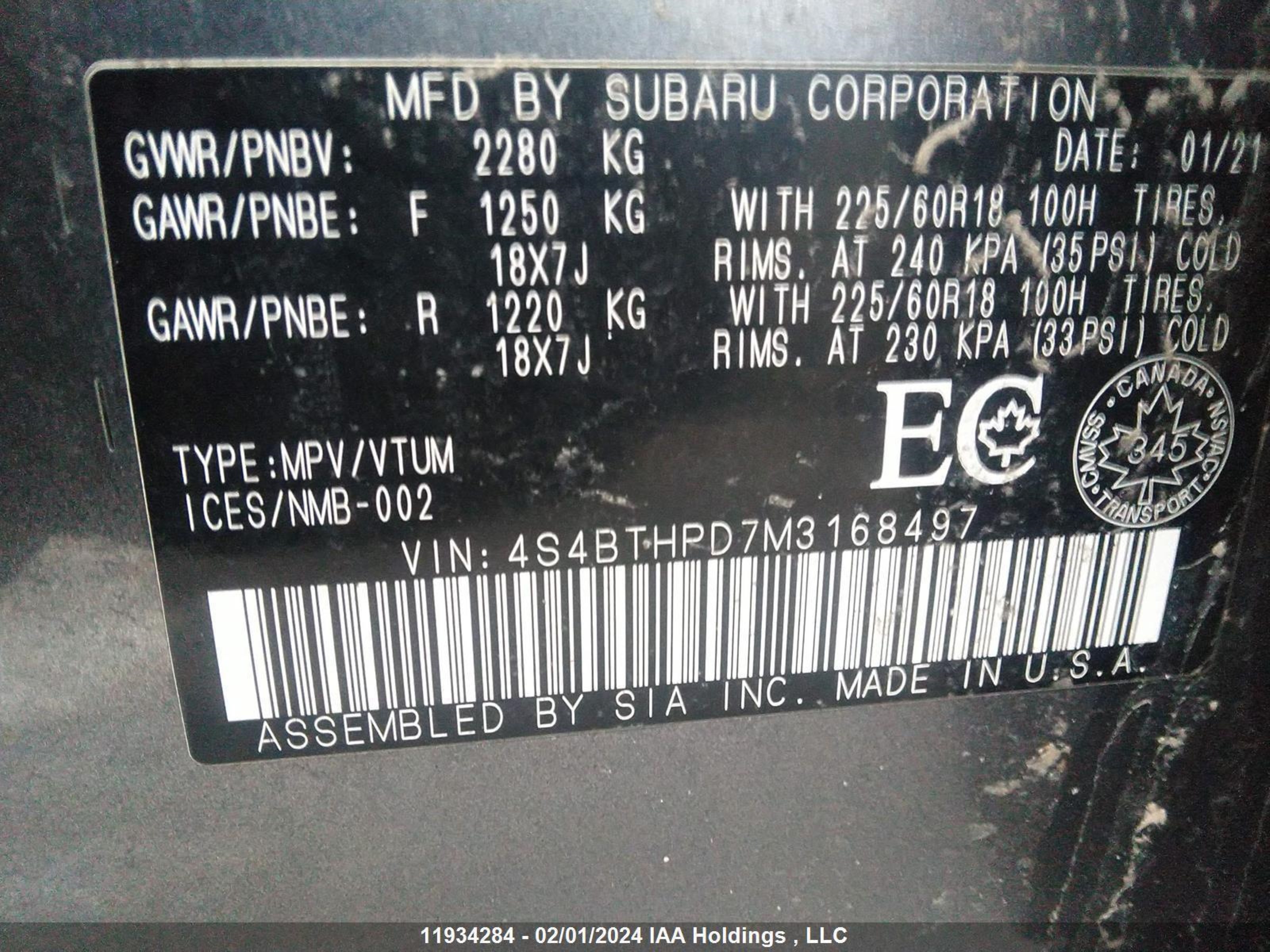 Photo 8 VIN: 4S4BTHPD7M3168497 - SUBARU OUTBACK 